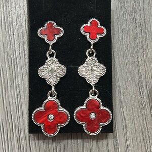 Red and Silver Formal Floral Clover Dangle Earrings NWT